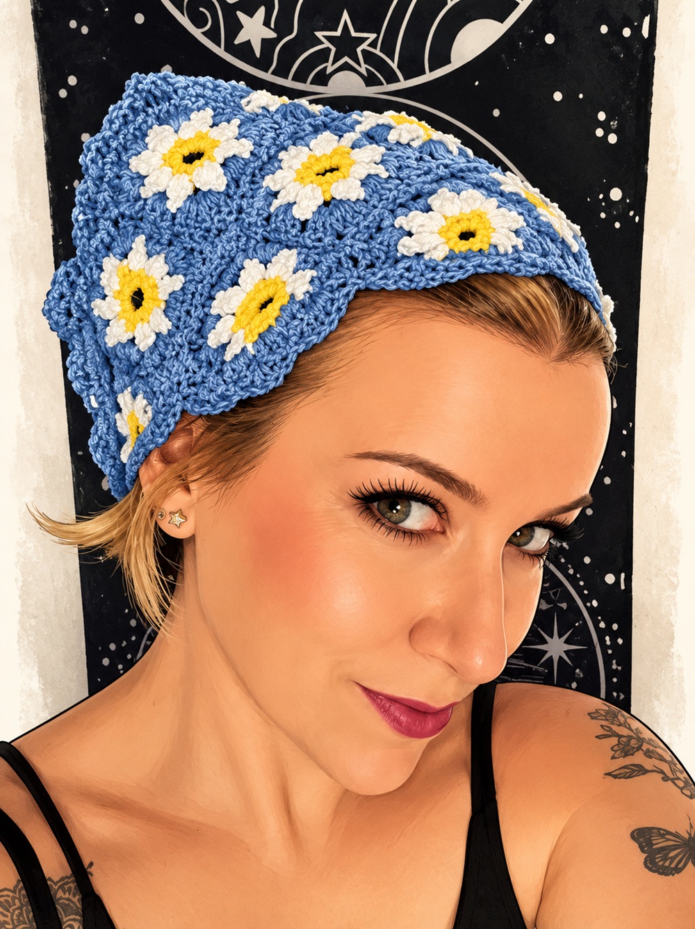 Pañoleta Élfica de Crochet (Azul Flores) - Imagen 2
