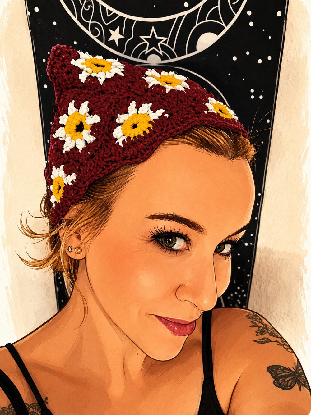 Pañoleta Élfica de Crochet (Granate Flores) - Imagen 2